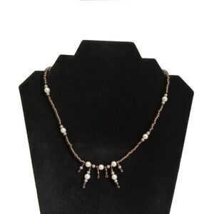 Brown & White Faux Pearl Seed Beaded Lightweight Single Strand Fashion Necklace